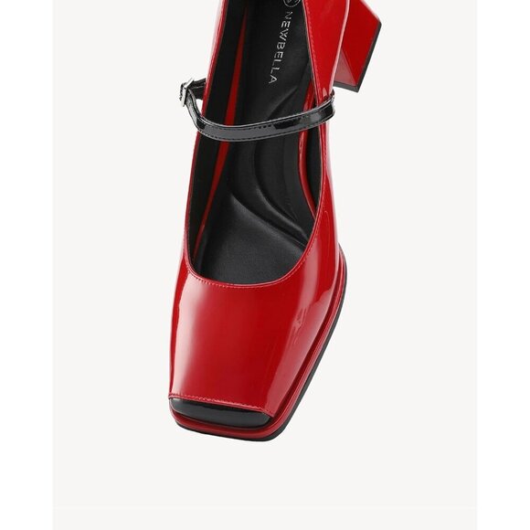 🆕 Red Women's Mary Jane Pumps, Low Block Heel, Square Toe, Adjustable Strap - Picture 3 of 5